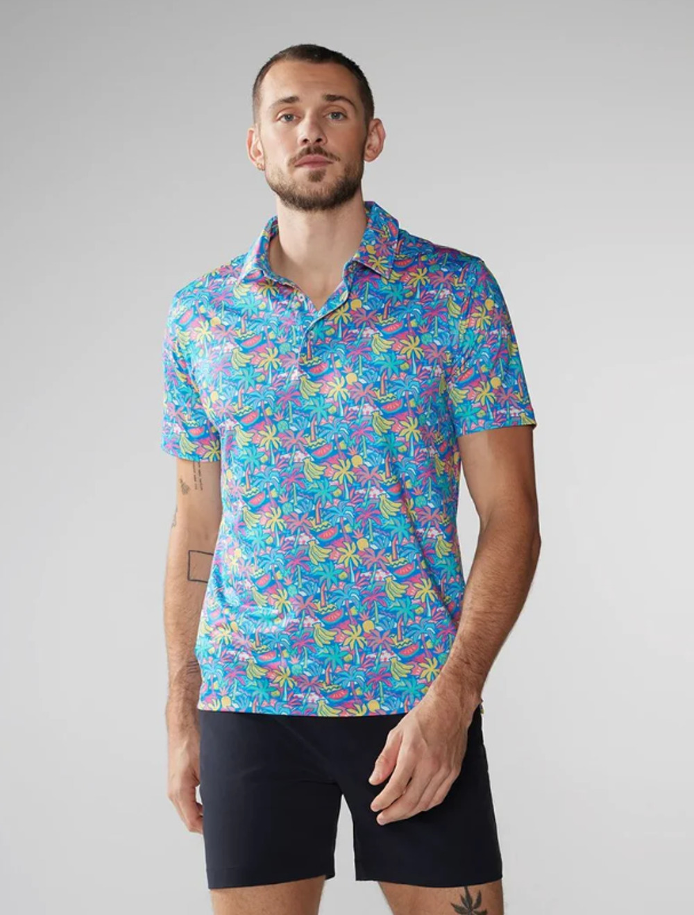 CHUBBIES Mens Performance Polo Shirt XXL Blue Tropical Bunch Short Sleeve NWT